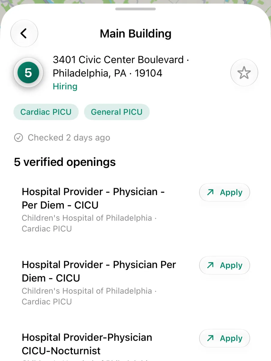 A campus page: checked two days ago, its services, and its verified openings with Apply buttons