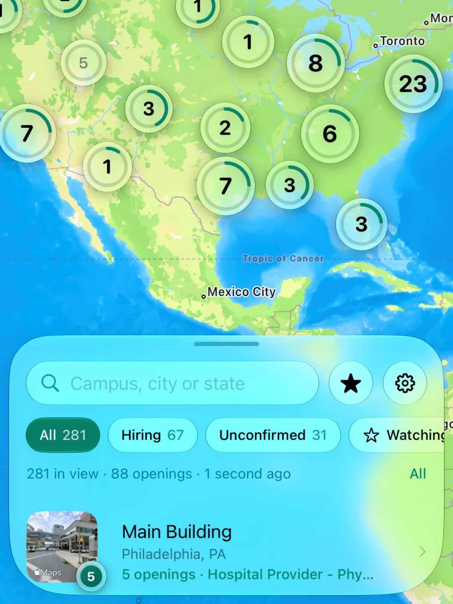 The filter row: all campuses, hiring, unconfirmed, each with its count