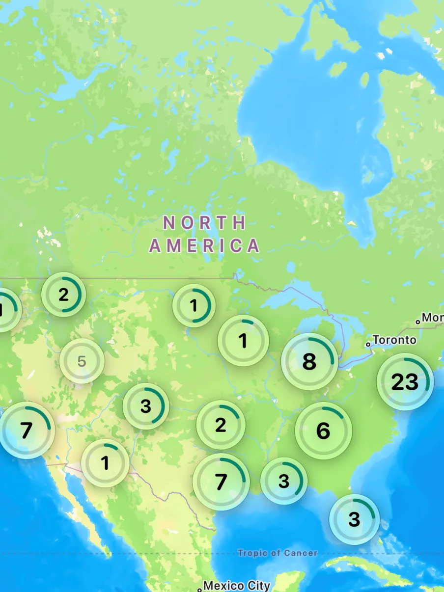The map of the United States with a numbered pin on each pediatric ICU campus