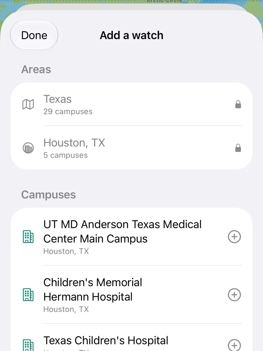 Adding a watch: Texas and Houston, TX as areas, then the campuses in Houston