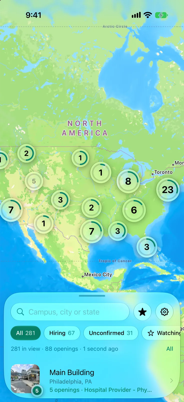 PedsScout on iPhone: the map of pediatric ICU campuses, with the number of verified openings on each pin